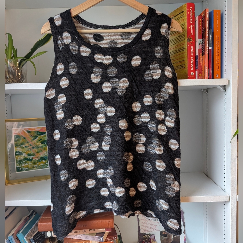 Crea Sleeveless Knit Tank Top Black Dot-Print Baby Alpaca Merino Size Medium